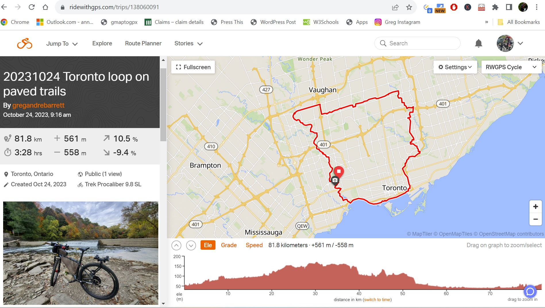 20231024 Toronto 82km loop on mostly paved trails ...